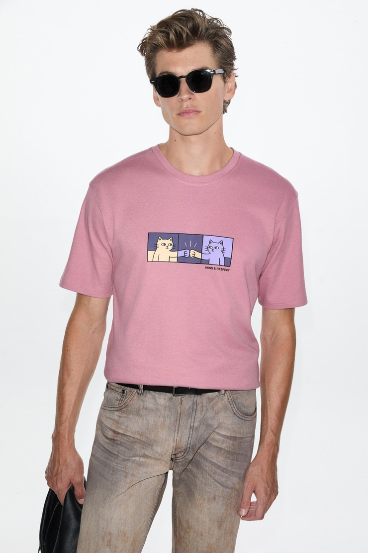 STONE Erkek Yuvarlak Yakalı Önü Baskılı Pembe T-Shirt