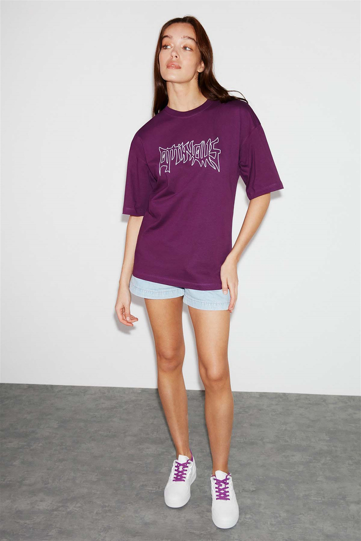 STREET Örme Oversize Mor  T-Shirt