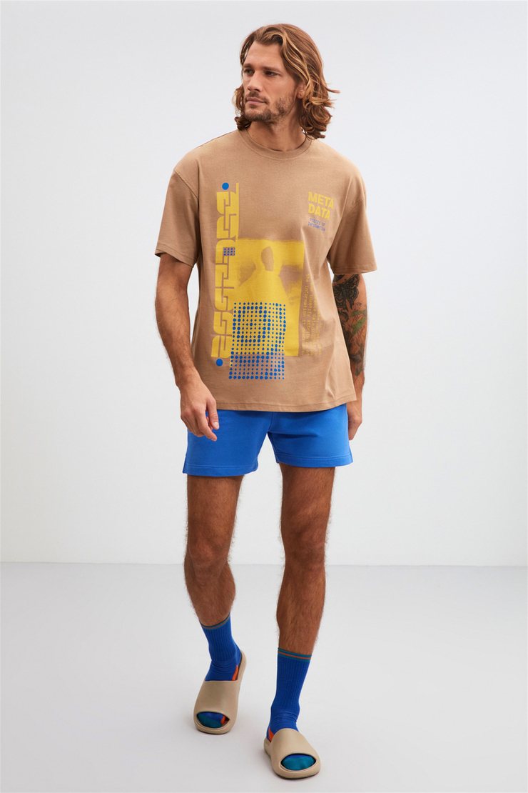 STRUCTURE Bej Erkek Önü Baskılı   Kısa Kollu   Oversize T-Shirt