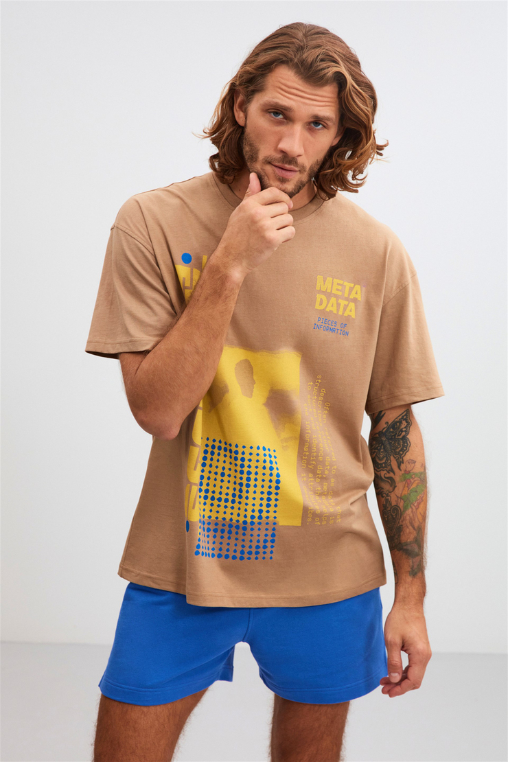 STRUCTURE Bej Erkek Önü Baskılı   Kısa Kollu   Oversize T-Shirt