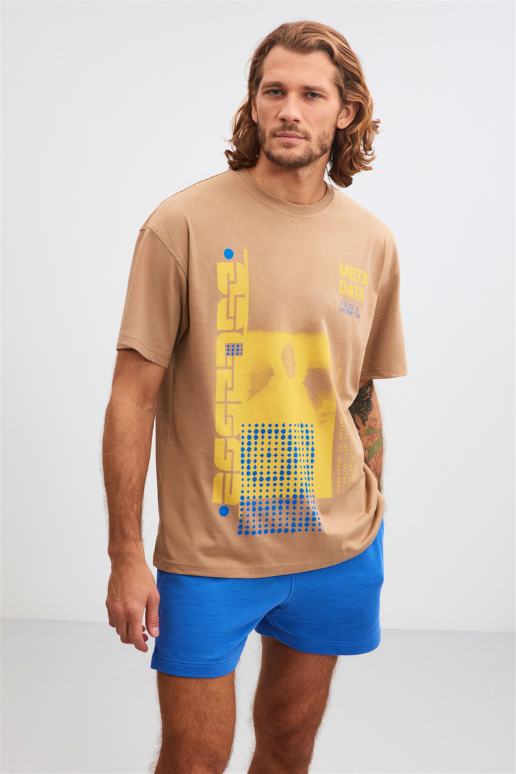 STRUCTURE Bej Erkek Önü Baskılı   Kısa Kollu   Oversize T-Shirt