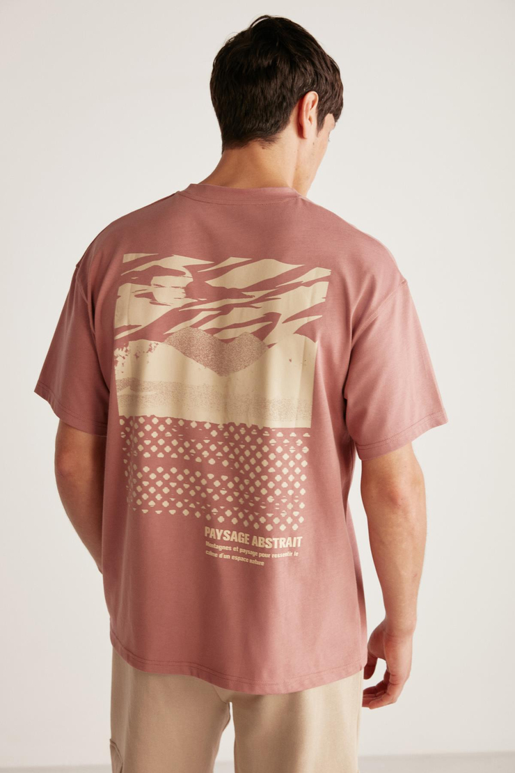 STUART Erkek Oversize Fit %100 Pamuk Kalın Dokulu Baskılı Mürdüm T-Shirt