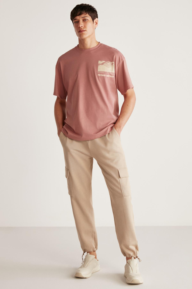 STUART Erkek Oversize Fit %100 Pamuk Kalın Dokulu Baskılı Mürdüm T-Shirt