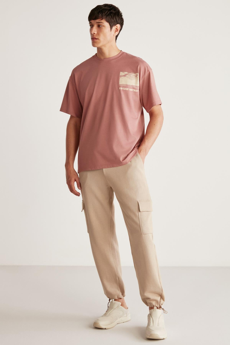 STUART Erkek Oversize Fit %100 Pamuk Kalın Dokulu Baskılı Mürdüm T-Shirt