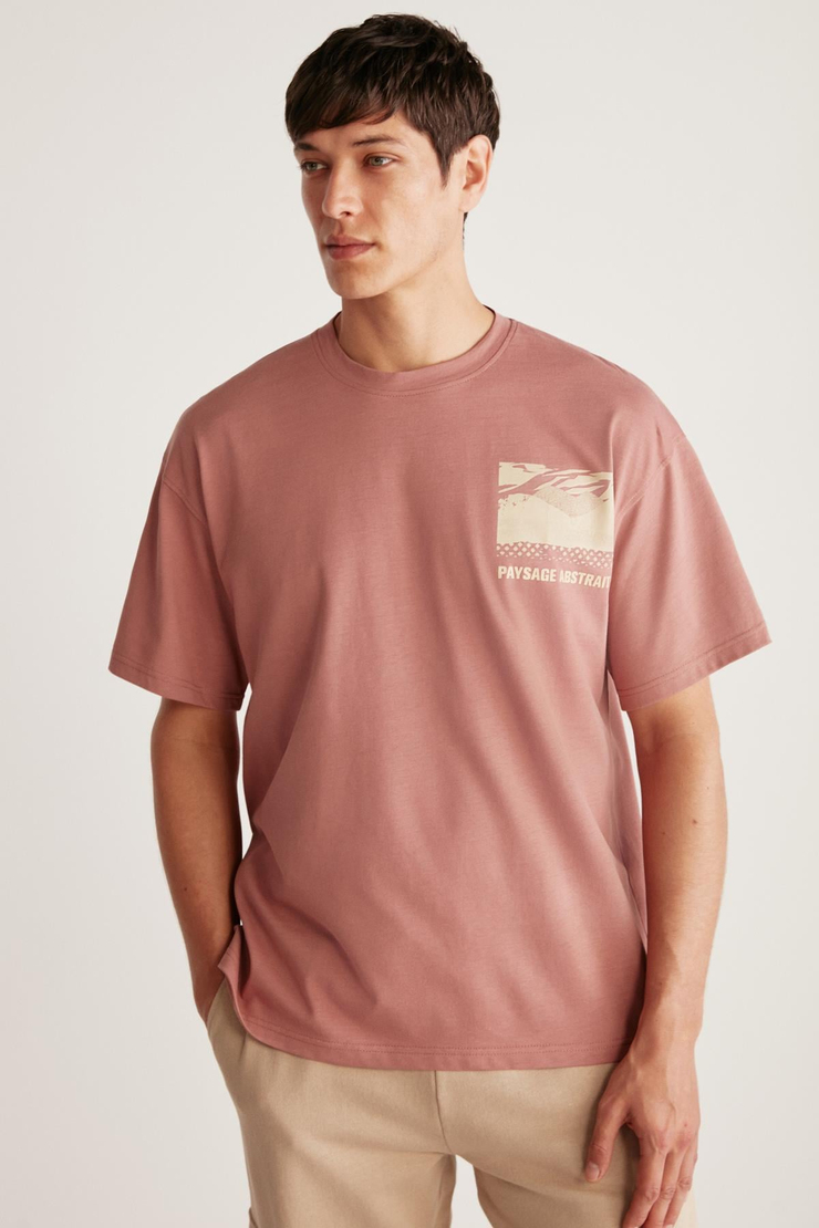 STUART Erkek Oversize Fit %100 Pamuk Kalın Dokulu Baskılı Mürdüm T-Shirt