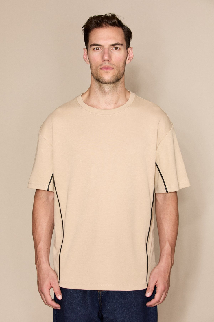 STUDIO Erkek Organik Pamuklu Biyeli Kısa Kollu Vizon - Bej T-Shirt