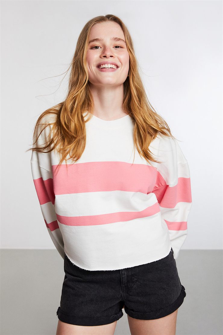 SUGAR Kadın Pembe Çizgili Yuvarlak Yaka Comfort Fit Sweatshirt
