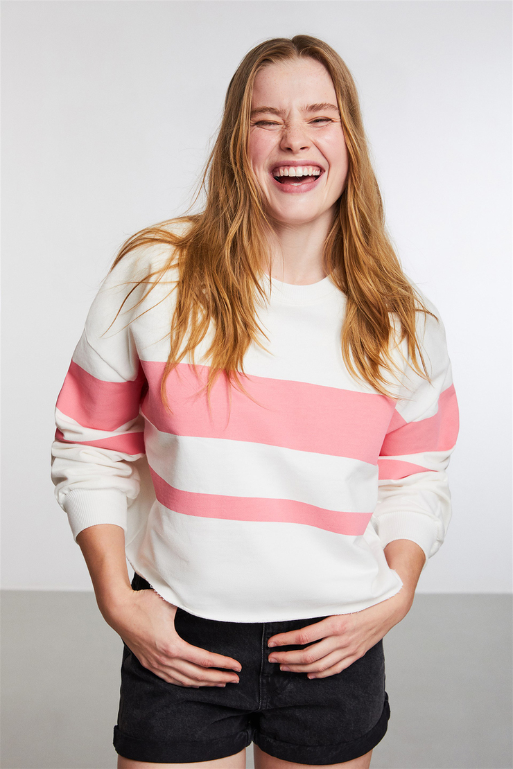 SUGAR Kadın Pembe Çizgili Yuvarlak Yaka Comfort Fit Sweatshirt