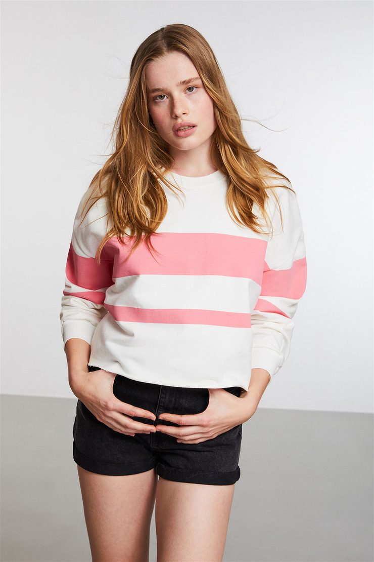 SUGAR Kadın Pembe Çizgili Yuvarlak Yaka Comfort Fit Sweatshirt