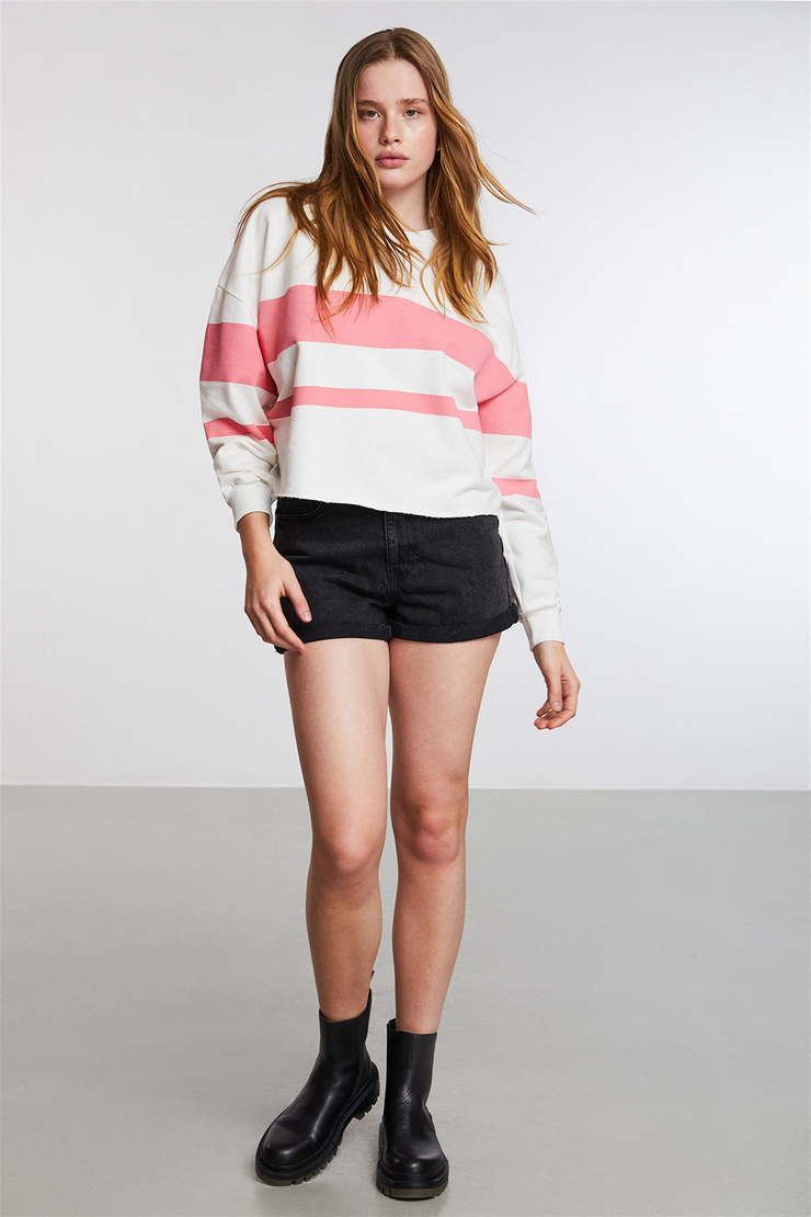 SUGAR Kadın Pembe Çizgili Yuvarlak Yaka Comfort Fit Sweatshirt