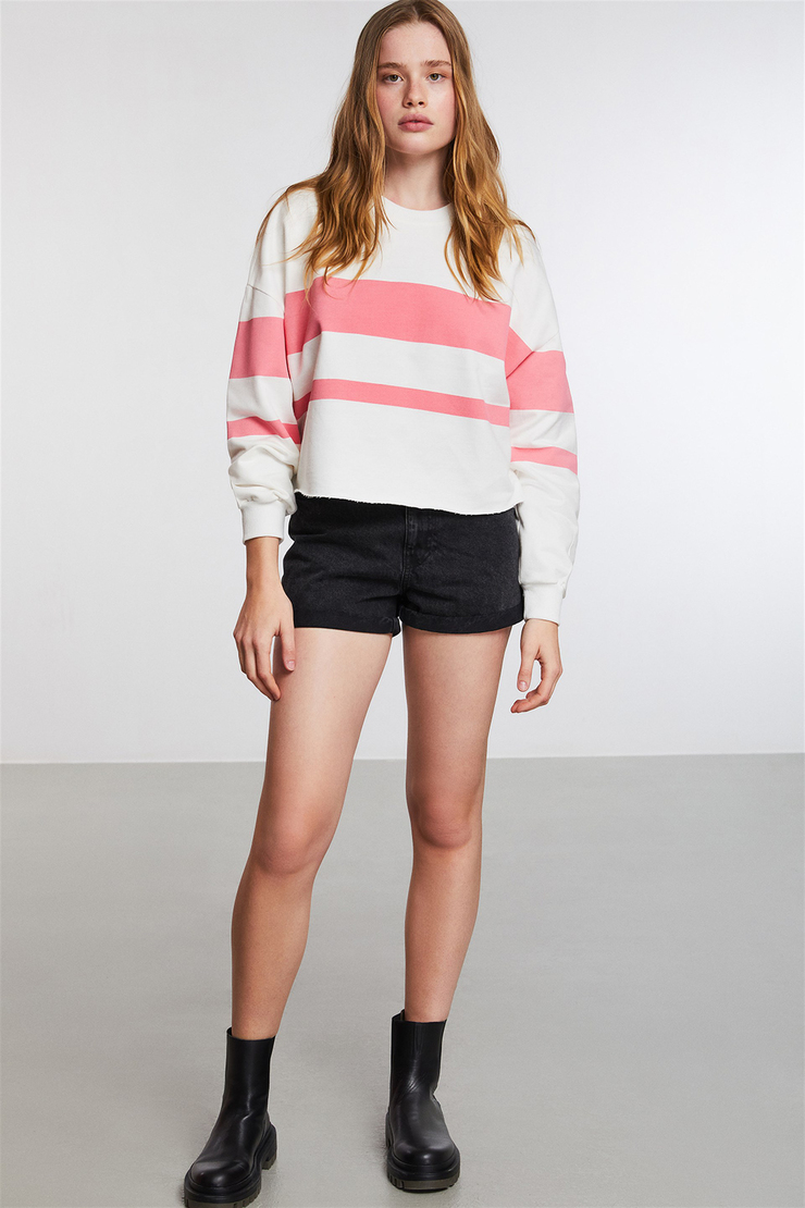 SUGAR Kadın Pembe Çizgili Yuvarlak Yaka Comfort Fit Sweatshirt