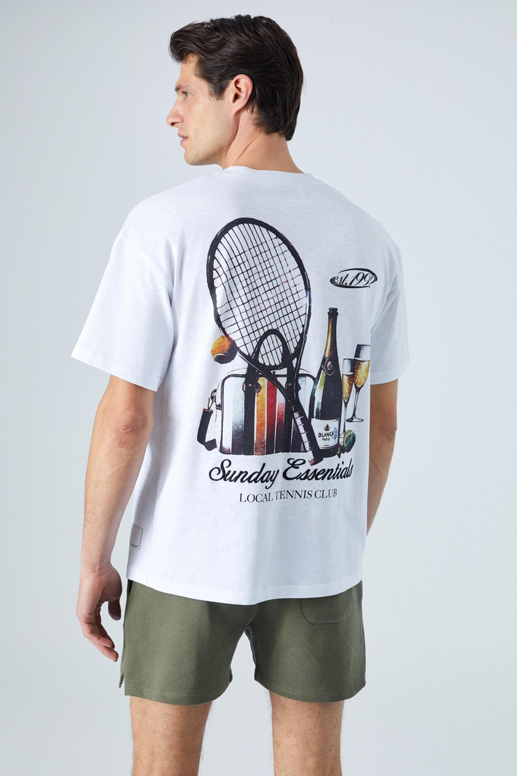 SUNDAY Erkek Bisiklet Yaka Kısa Kol Oversize Beyaz T-Shirt