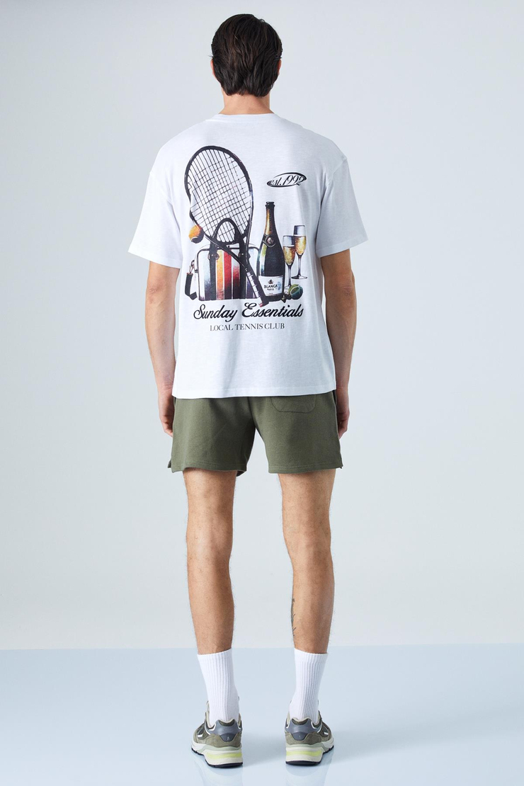 SUNDAY Erkek Bisiklet Yaka Kısa Kol Oversize Beyaz T-Shirt