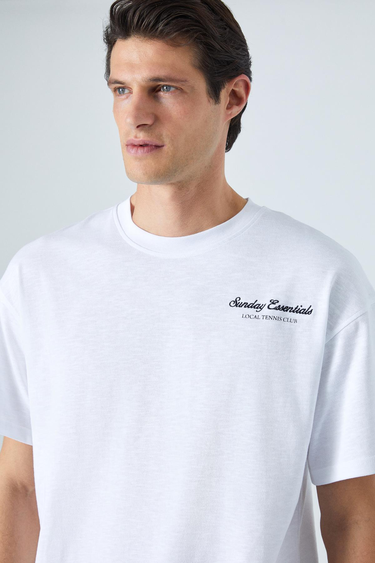 SUNDAY Erkek Bisiklet Yaka Kısa Kol Oversize Beyaz T-Shirt