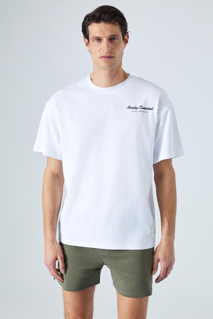 SUNDAY Erkek Bisiklet Yaka Kısa Kol Oversize Beyaz T-Shirt