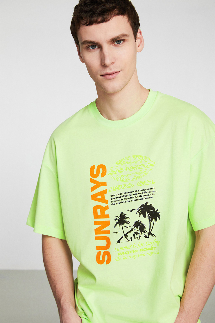 SUNRAYS Erkek Yeşil Baskılı Yuvarlak Yaka Oversize T-Shirt