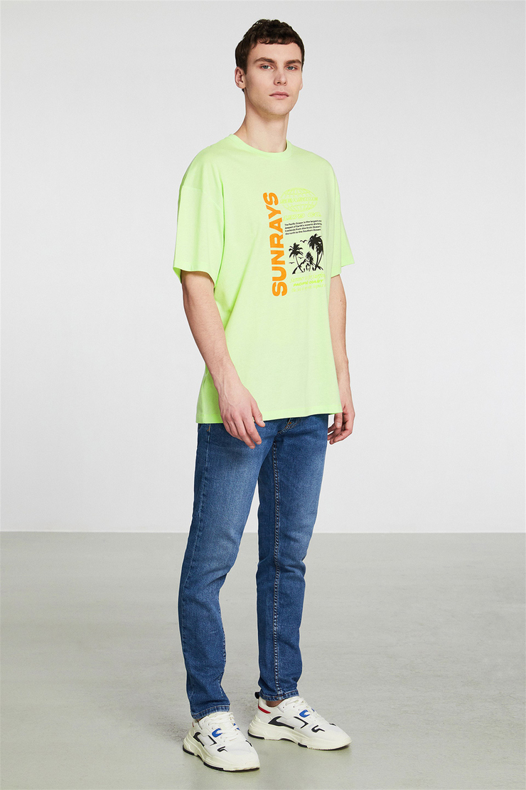 SUNRAYS Erkek Yeşil Baskılı Yuvarlak Yaka Oversize T-Shirt