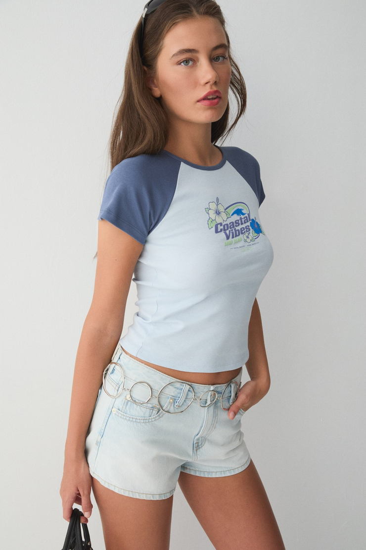 SURFER Kadın Yumuşak Ve Esnek Kumaşlı Kontrast Renkli Baskı Detaylı Mavi-Lacivert T-Shirt