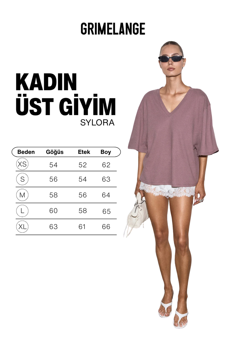SYLORA Kadın Organik Pamuklu Keten Karışımlı V Yakalı Rahat Kalıp Mürdüm T-Shirt