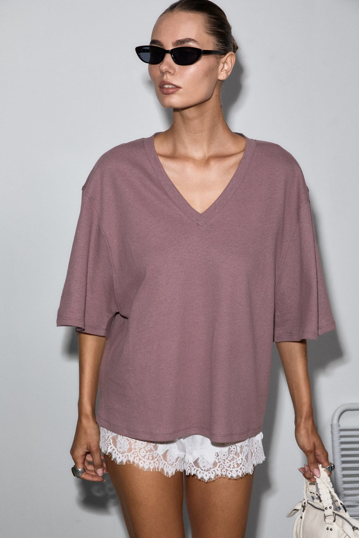 SYLORA Kadın Organik Pamuklu Keten Karışımlı V Yakalı Rahat Kalıp Mürdüm T-Shirt