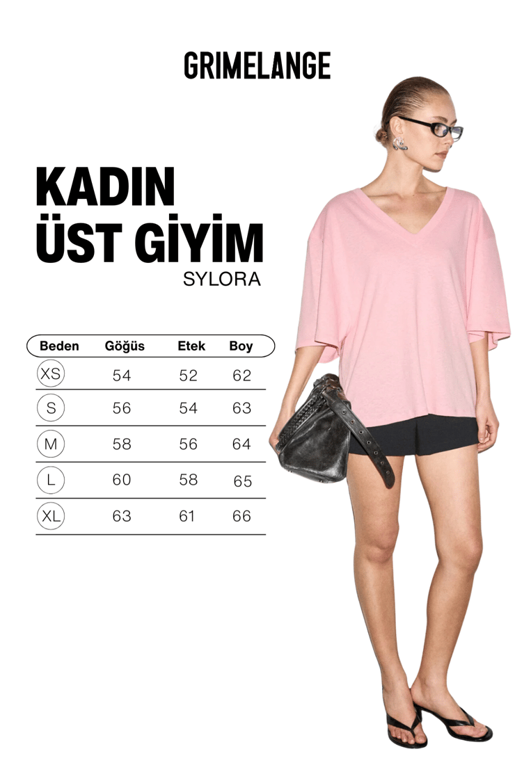 SYLORA Kadın Organik Pamuklu Keten Karışımlı V Yakalı Rahat Kalıp Pembe T-Shirt