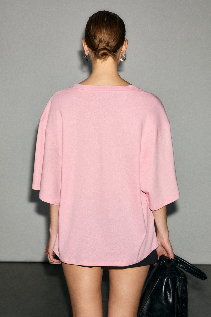 SYLORA Kadın Organik Pamuklu Keten Karışımlı V Yakalı Rahat Kalıp Pembe T-Shirt