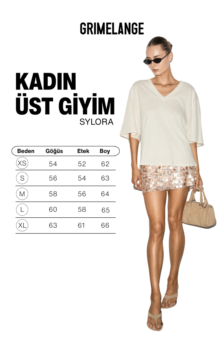 SYLORA Kadın Organik Pamuklu Keten Karışımlı V Yakalı Rahat Kalıp Ekru T-Shirt