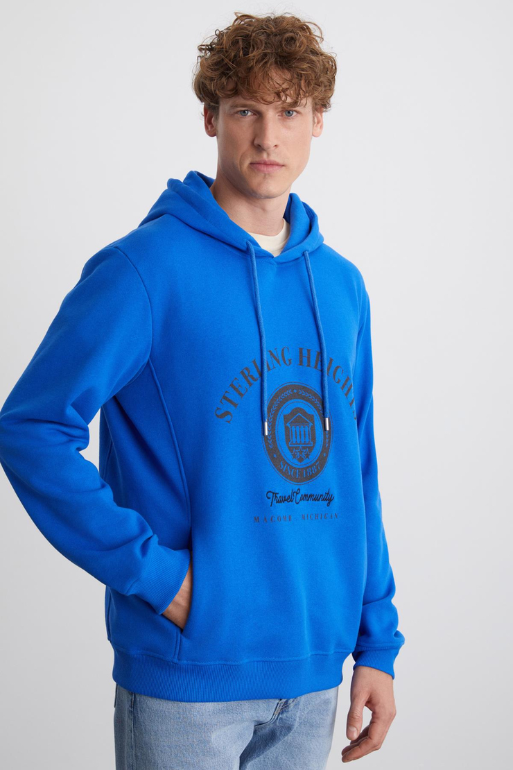 TAMMY Erkek Yumuşacık İçi Polarlı Baskılı 3 İplik Kapüşonlu Regular Mavi Sweatshirt