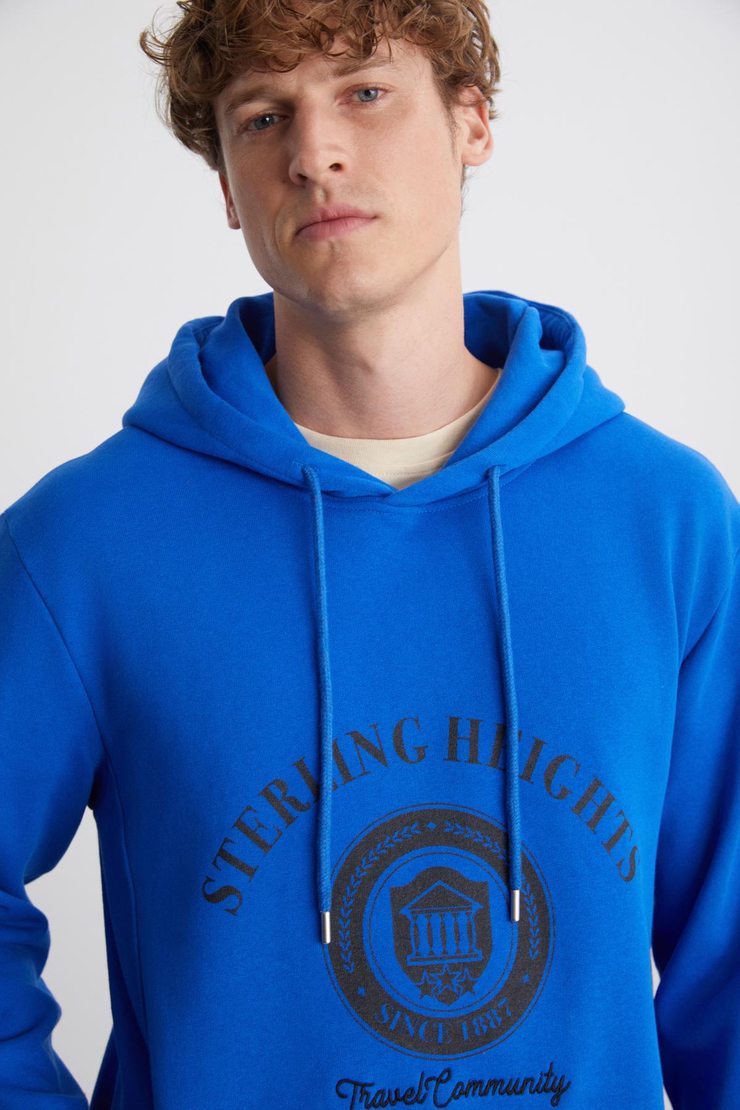 TAMMY Erkek Yumuşacık İçi Polarlı Baskılı 3 İplik Kapüşonlu Regular Mavi Sweatshirt