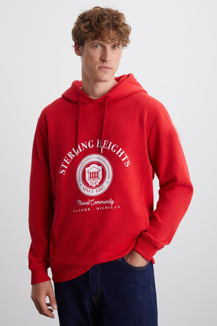 TAMMY Erkek Yumuşacık İçi Polarlı Baskılı 3 İplik Kapüşonlu Regular Kırmızı Sweatshirt