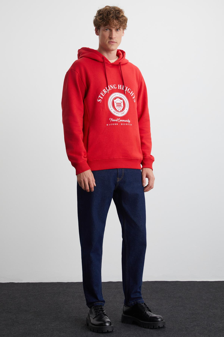 TAMMY Erkek Yumuşacık İçi Polarlı Baskılı 3 İplik Kapüşonlu Regular Kırmızı Sweatshirt