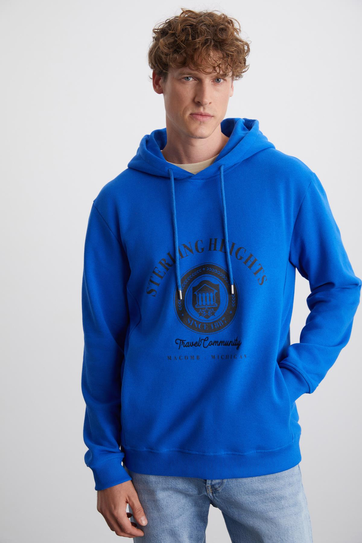 TAMMY Erkek Yumuşacık İçi Polarlı Baskılı 3 İplik Kapüşonlu Regular Mavi Sweatshirt