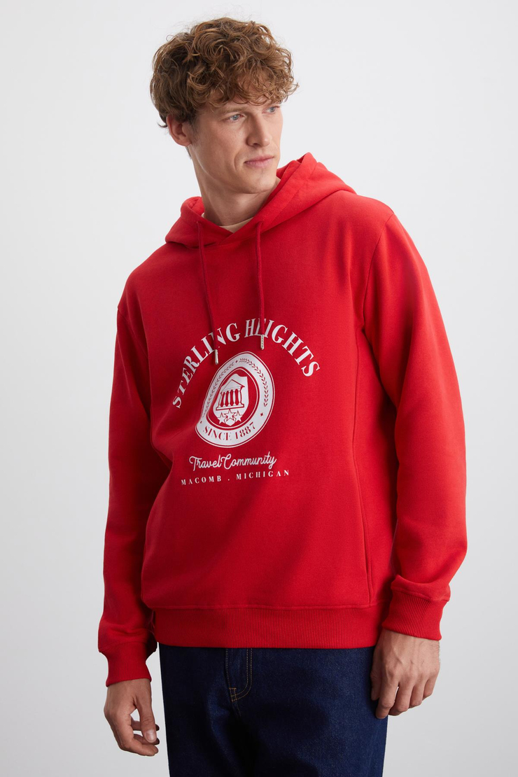 TAMMY Erkek Yumuşacık İçi Polarlı Baskılı 3 İplik Kapüşonlu Regular Kırmızı Sweatshirt