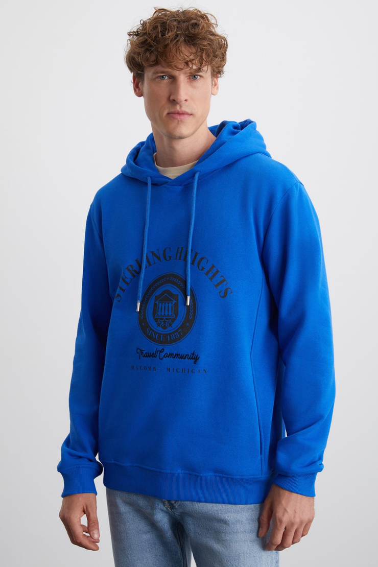 TAMMY Erkek Yumuşacık İçi Polarlı Baskılı 3 İplik Kapüşonlu Regular Mavi Sweatshirt