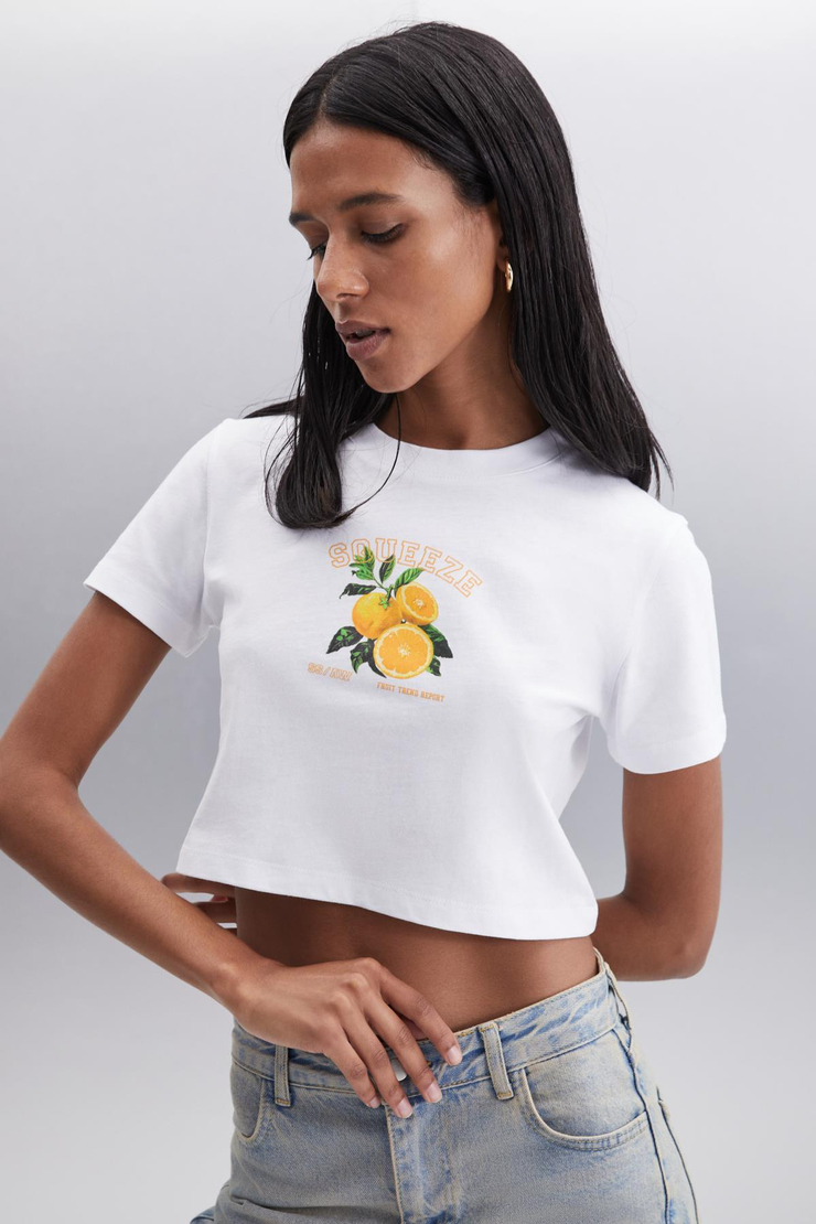 TANITH  Crop Beyaz Tekli T-Shirt