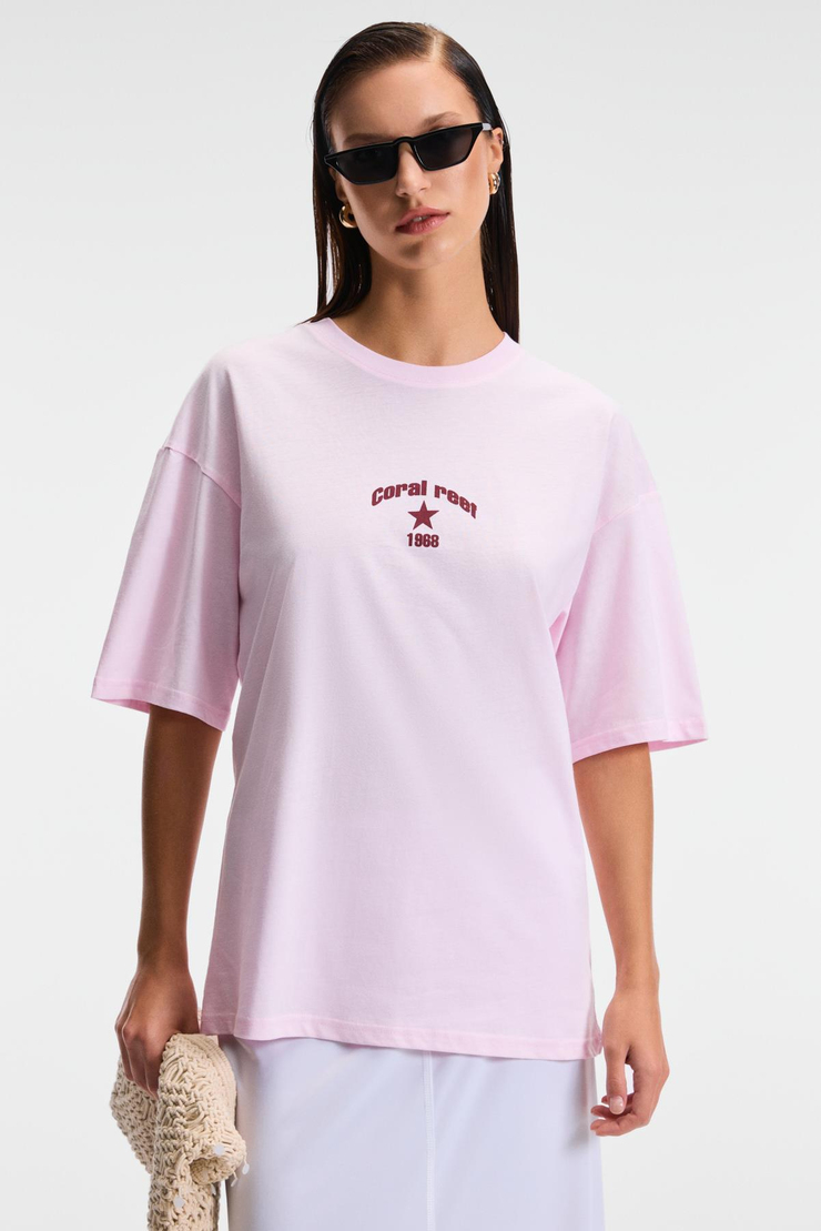 TAVENA Kadın %100 Pamuk Baskılı Oversize Fit Kısa Kollu Yuvarlak Yaka Pembe T-Shirt