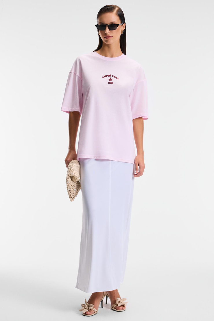 TAVENA Kadın %100 Pamuk Baskılı Oversize Fit Kısa Kollu Yuvarlak Yaka Pembe T-Shirt