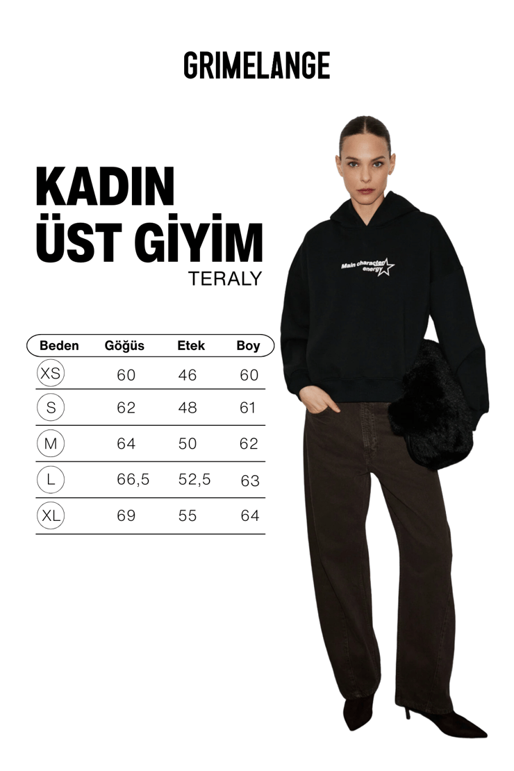 TERALY Kadın Organik Pamuklu Polarlı Kumaşlı Baskı Detaylı Siyah Sweatshirt