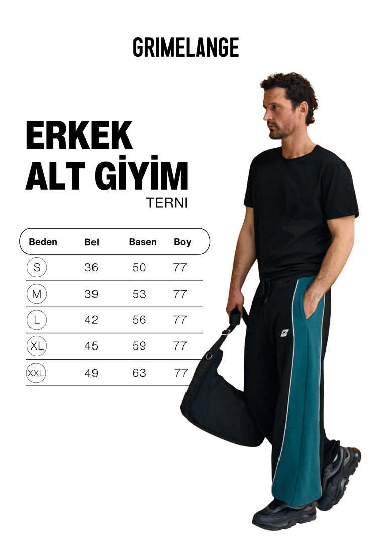TERNI Erkek Organik Pamuklu Kontrast Panelli Baskı Detayı Siyah - Yeşil Eşofman Altı