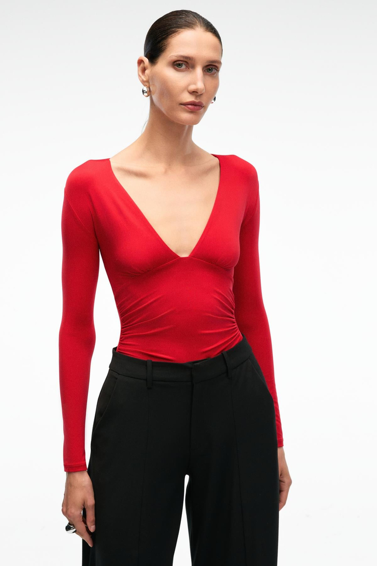 TEVRINE Kadın Kruvaze Yakalı Esnek Kumaşlı Uzun Kollu Çıtçıt Kapamalı Slim Fit Kırmızı Bluz