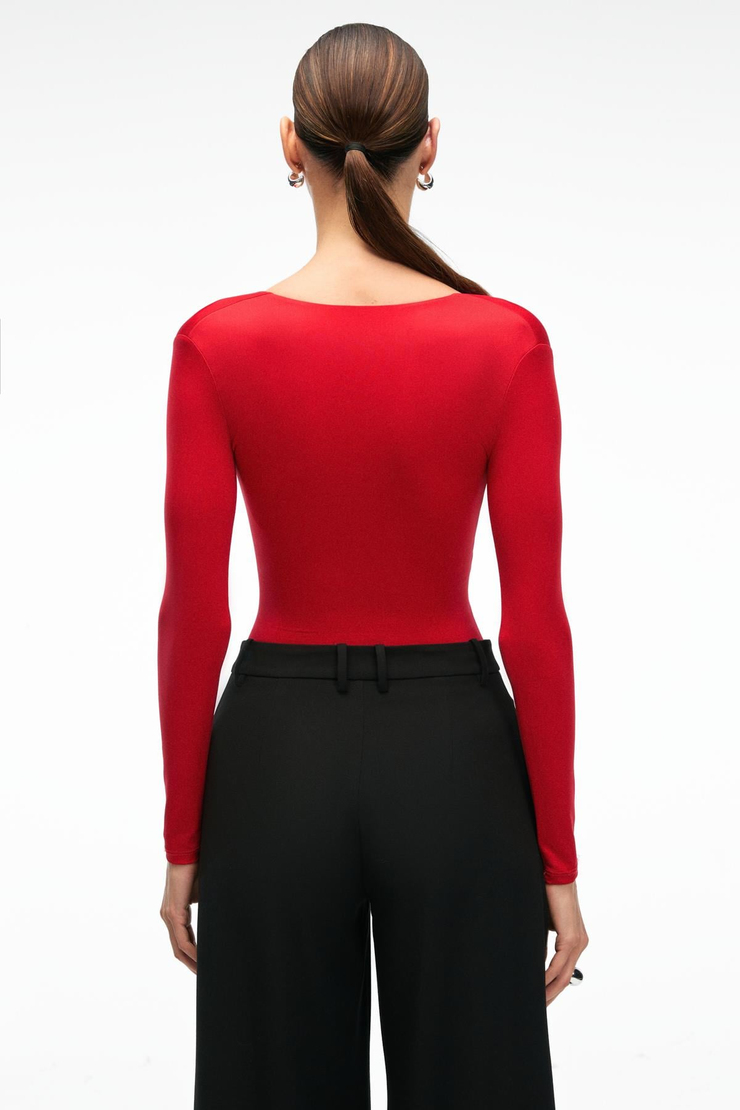 TEVRINE Kadın Kruvaze Yakalı Esnek Kumaşlı Uzun Kollu Çıtçıt Kapamalı Slim Fit Kırmızı Bluz