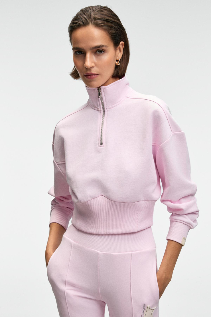 THALIA Kadın Arka Baskılı Ve Patch Detaylı Fermuarlı Dik Yakalı Pembe Sweatshirt