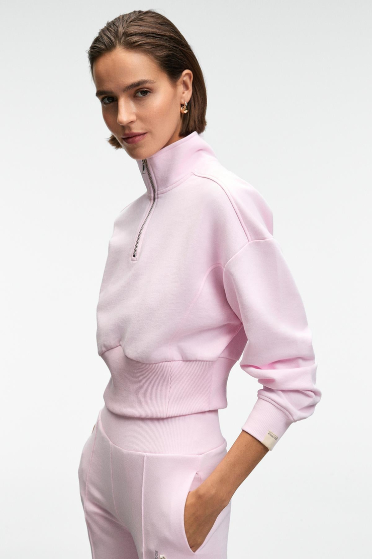 THALIA Kadın Arka Baskılı Ve Patch Detaylı Fermuarlı Dik Yakalı Pembe Sweatshirt