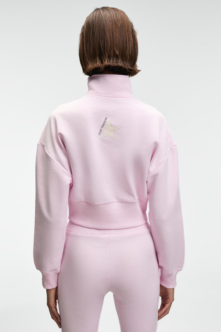 THALIA Kadın Arka Baskılı Ve Patch Detaylı Fermuarlı Dik Yakalı Pembe Sweatshirt
