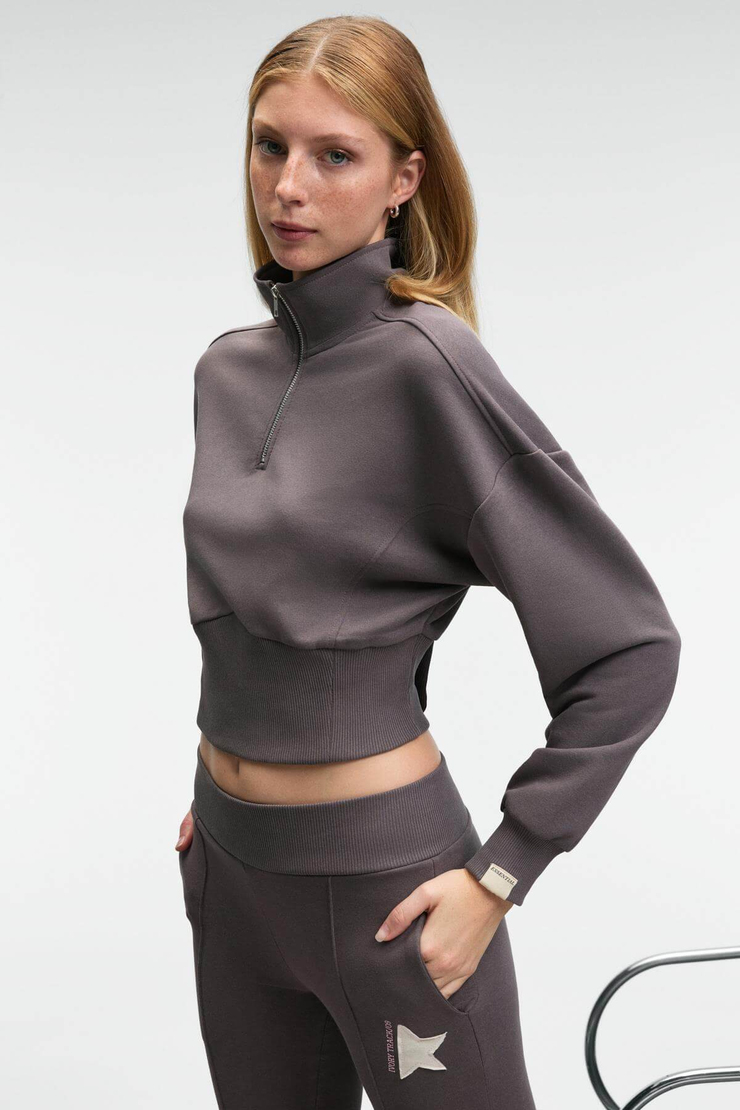 THALIA Kadın Arka Baskılı Ve Patch Detaylı Fermuarlı Dik Yakalı Antrasit Sweatshirt