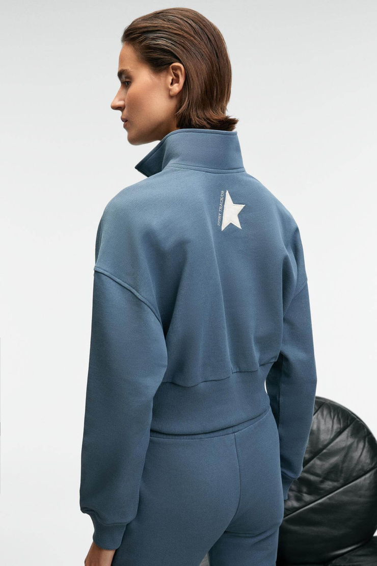 THALIA Kadın Arka Baskılı Ve Patch Detaylı Fermuarlı Dik Yakalı Petrol Mavisi Sweatshirt