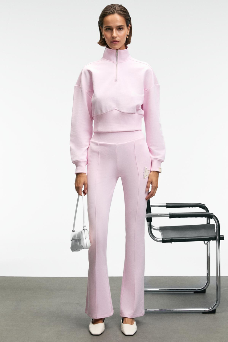 THALIA Kadın Arka Baskılı Ve Patch Detaylı Fermuarlı Dik Yakalı Pembe Sweatshirt