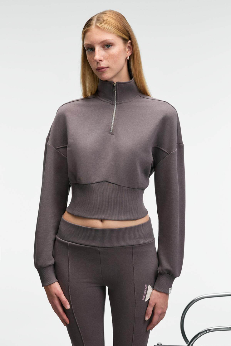 THALIA Kadın Arka Baskılı Ve Patch Detaylı Fermuarlı Dik Yakalı Antrasit Sweatshirt