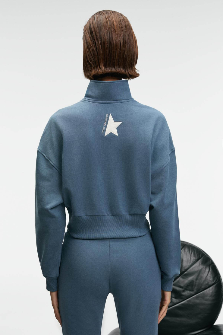 THALIA Kadın Arka Baskılı Ve Patch Detaylı Fermuarlı Dik Yakalı Petrol Mavisi Sweatshirt