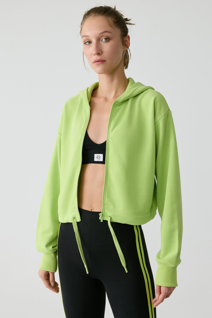 TIANNA Kadın Kapüşonlu Uzun Kollu Fermuarlı Relaxed Fıstık Yeşili Sweatshirt